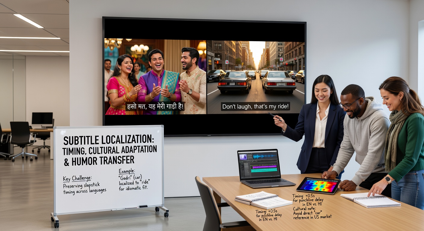 Subtitle localization workflow in a modern film studio with multiple language tracks displayed on editing screens