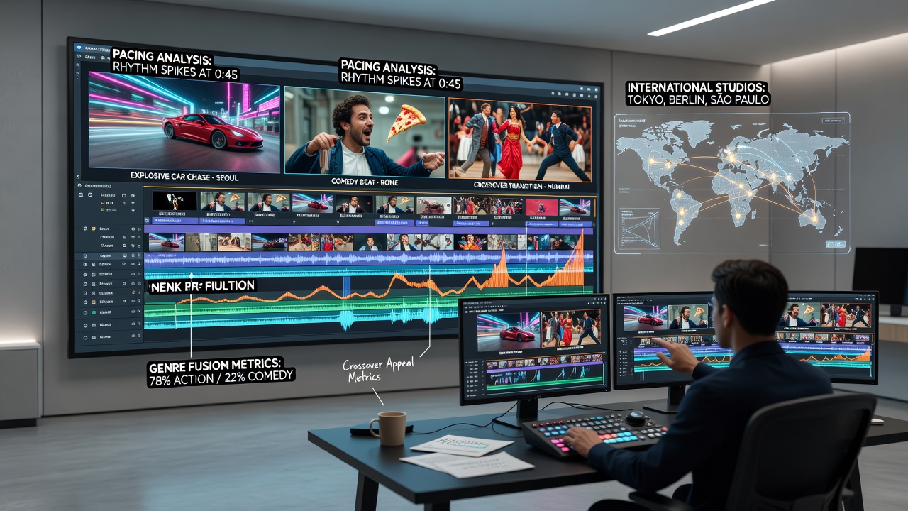 Trailer editing workstation showing timeline cuts for action-comedy sequences from international productions