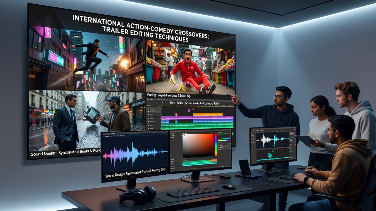 Close-up of editing software interface highlighting synchronized audio tracks in an action-comedy trailer