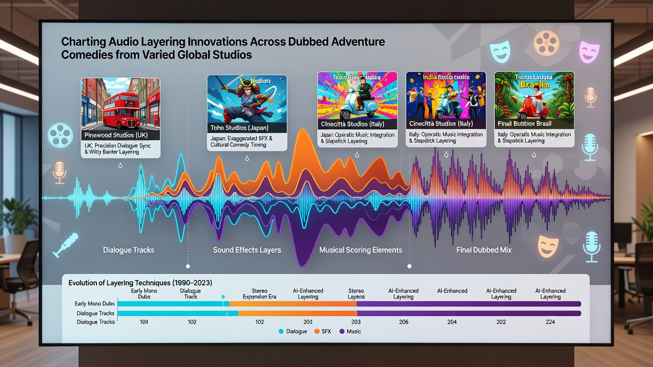Studio console displaying layered audio tracks for an international dubbed comedy adventure film