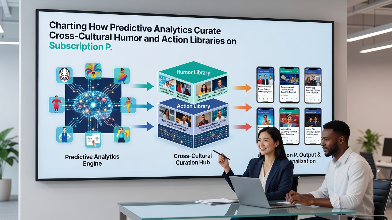 Analytics team reviewing cross-border performance charts for action and comedy titles on a subscription service