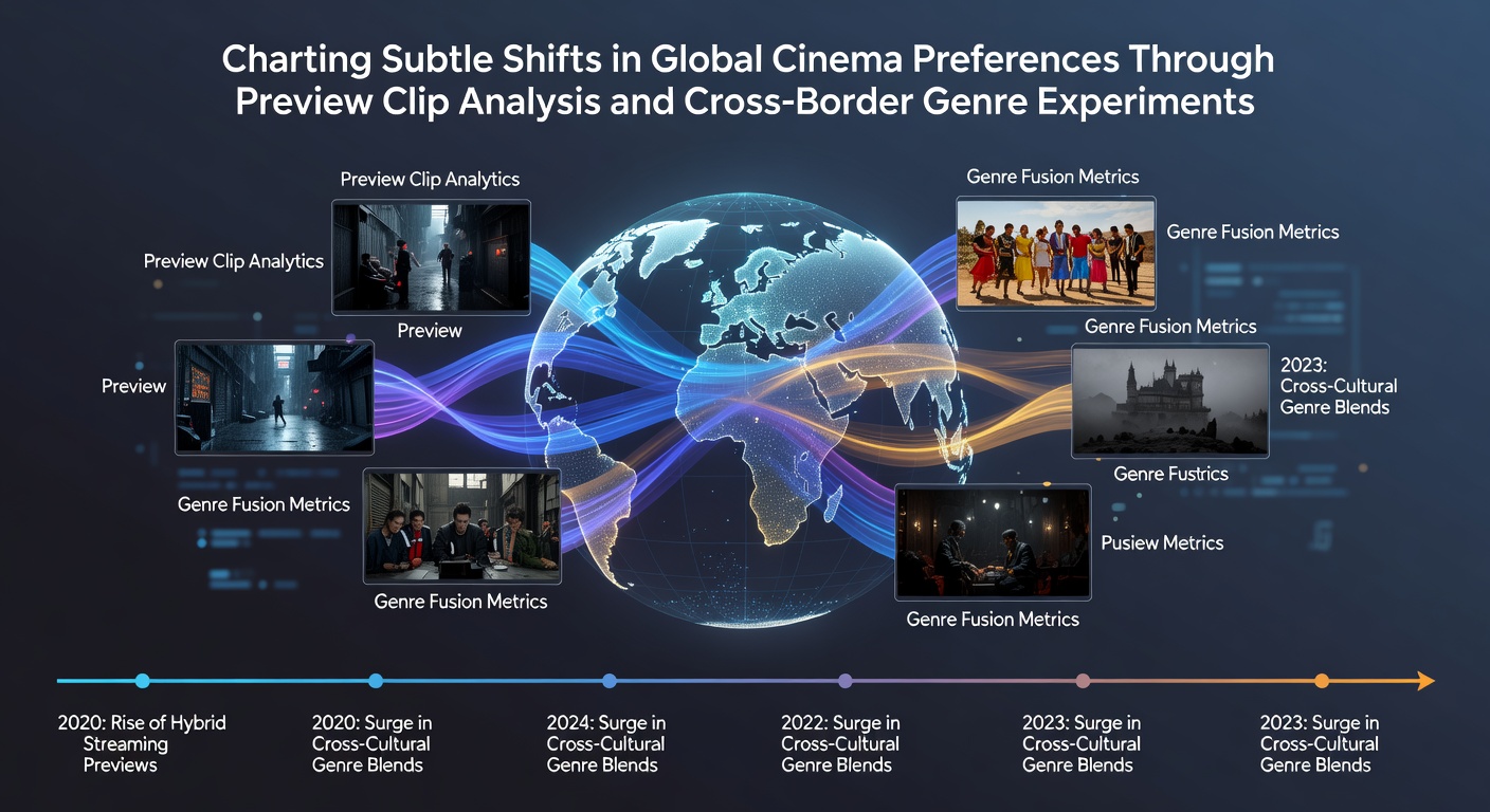 Global cinema trends visualized through preview clip data and genre fusion examples