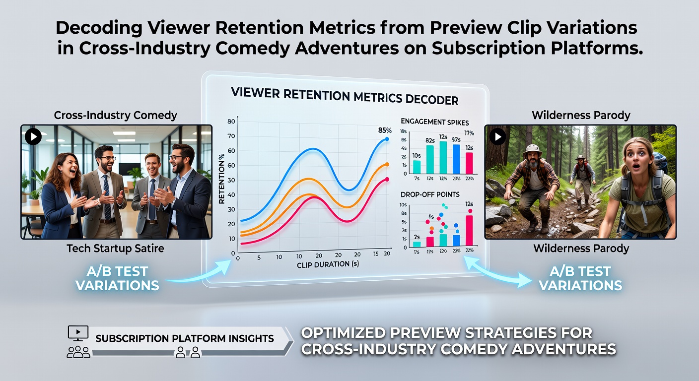 Analytics dashboard showing viewer retention curves from varied preview clips of comedy adventure films across global subscription platforms