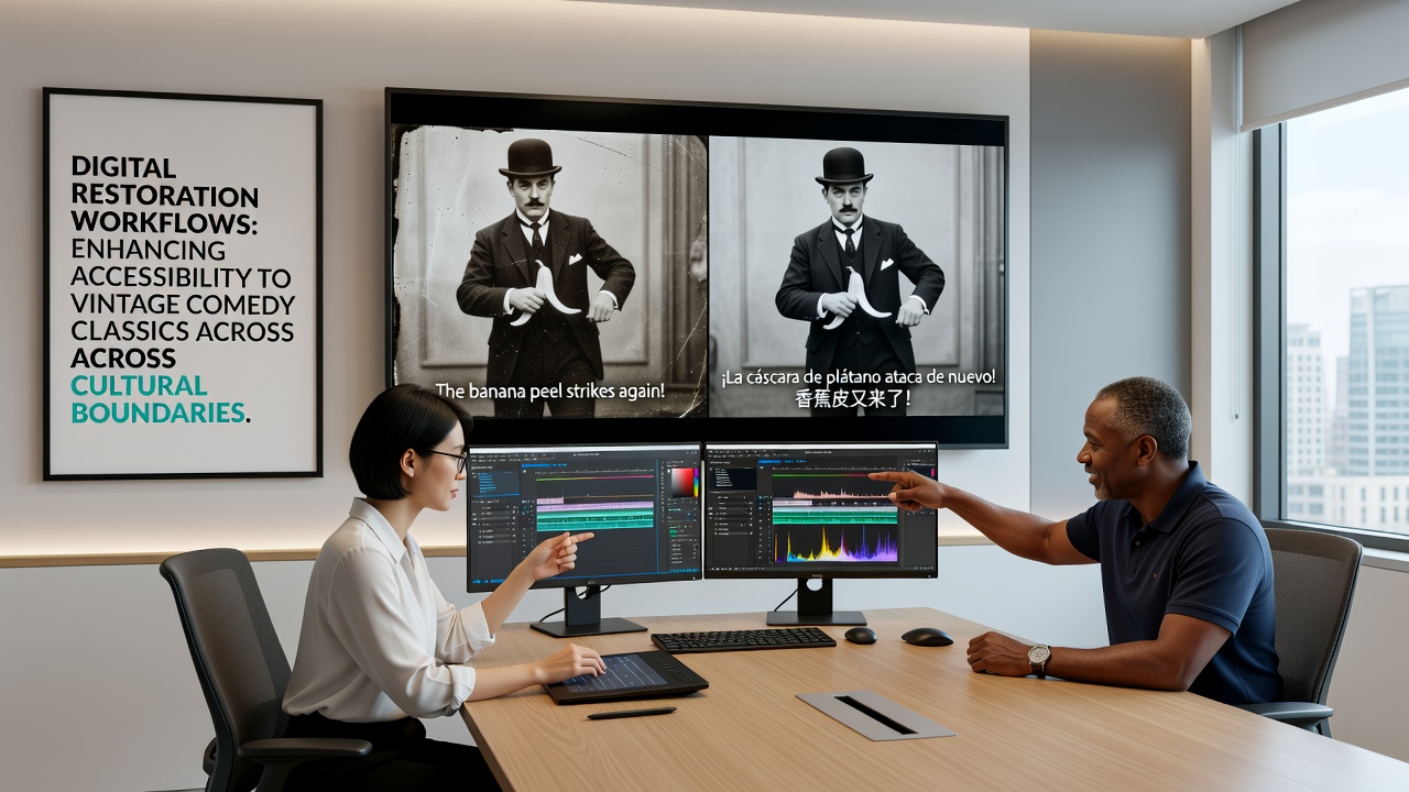 Restored comedy film frames displayed on multiple monitors showing before-and-after comparison of color grading and dust removal