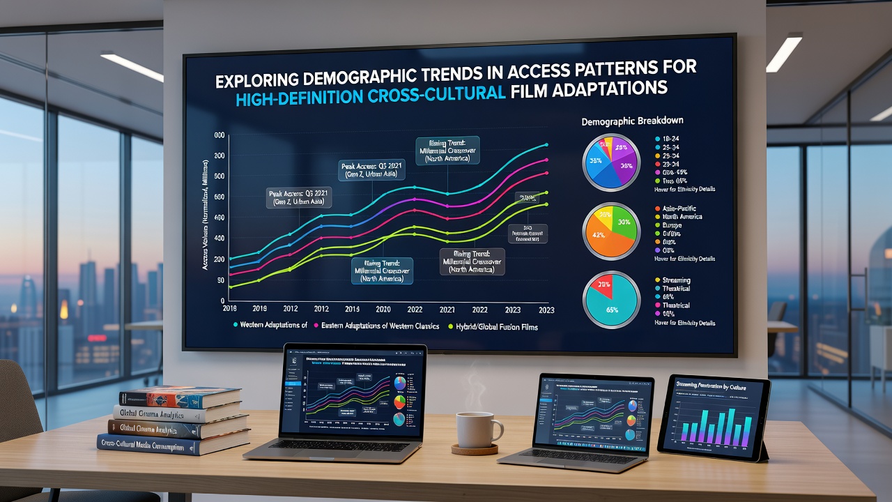 Subscription platform interface displaying high-definition cross-cultural film adaptations with demographic filtering options