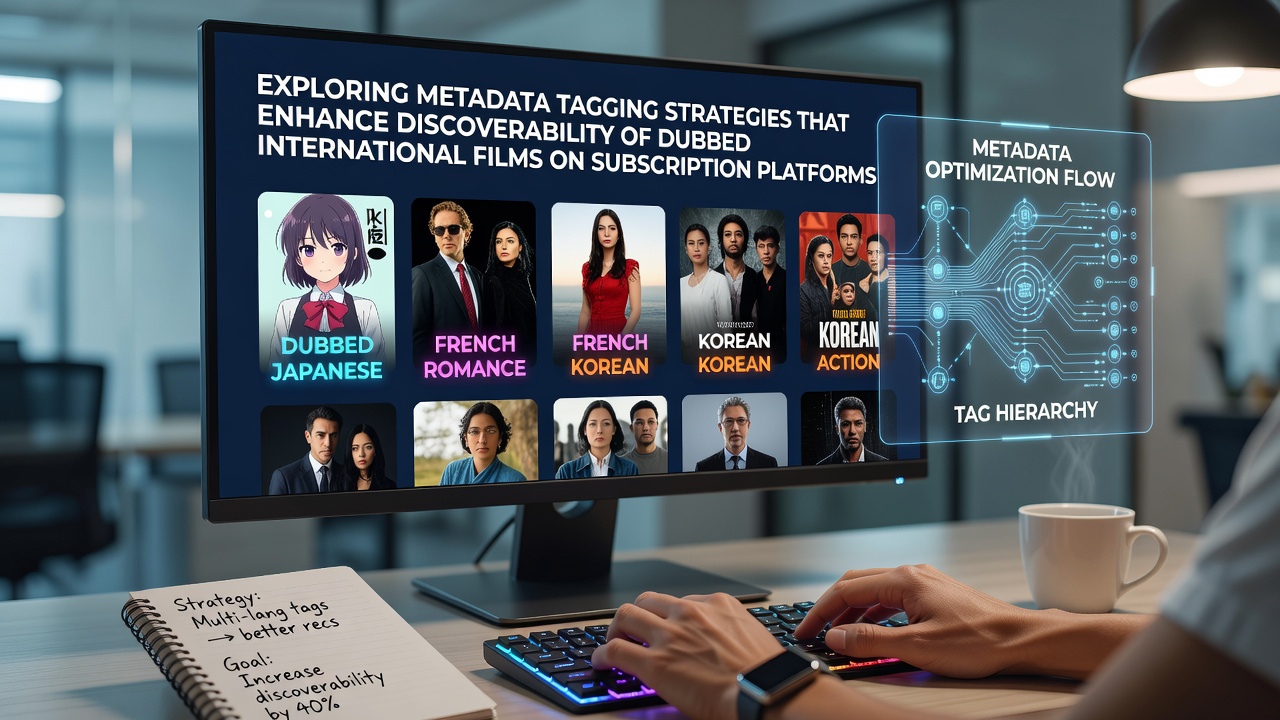 Metadata tagging interface showing language and genre labels applied to dubbed films on a streaming platform dashboard