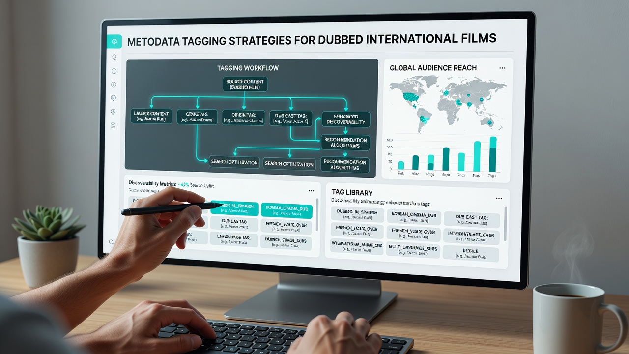 Streaming platform search results displaying dubbed international films sorted by metadata tags including language and genre