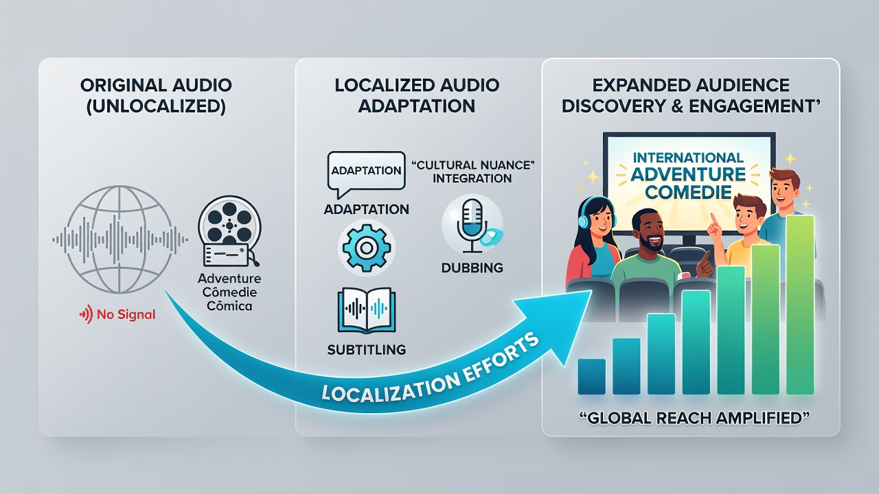 Analytics dashboard illustrating audience reach metrics for localized audio versions of global films