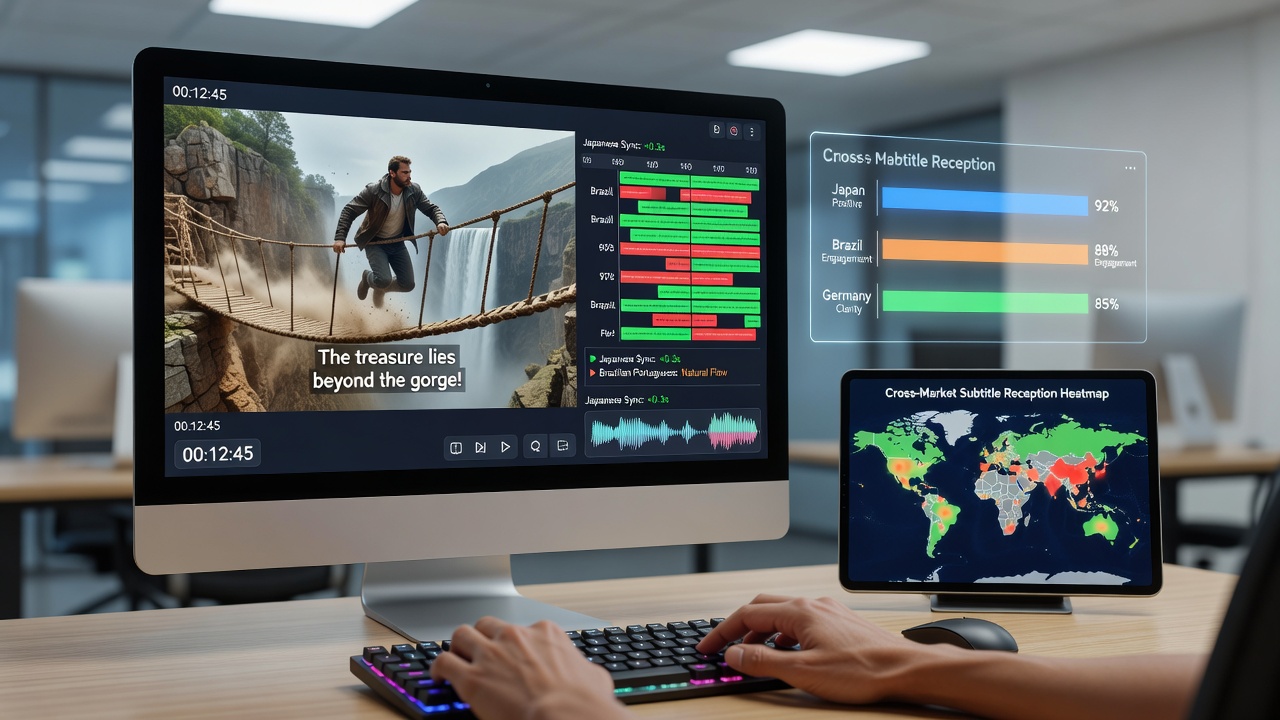 Cross-market analytics dashboard showing viewer engagement metrics for dubbed adventure comedies with adjusted subtitle timing