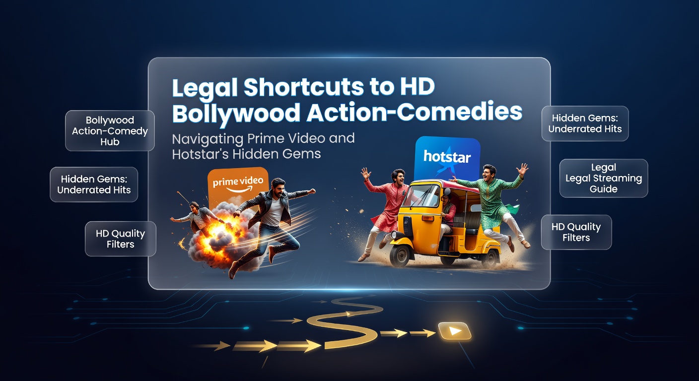 Vibrant scene from a Bollywood action-comedy featuring high-energy stunts and comedic chases on a streaming platform interface