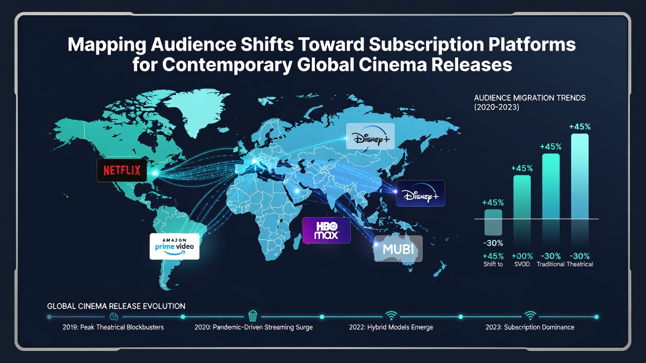 Global audience migration patterns toward subscription video platforms illustrated through worldwide cinema release data visualizations