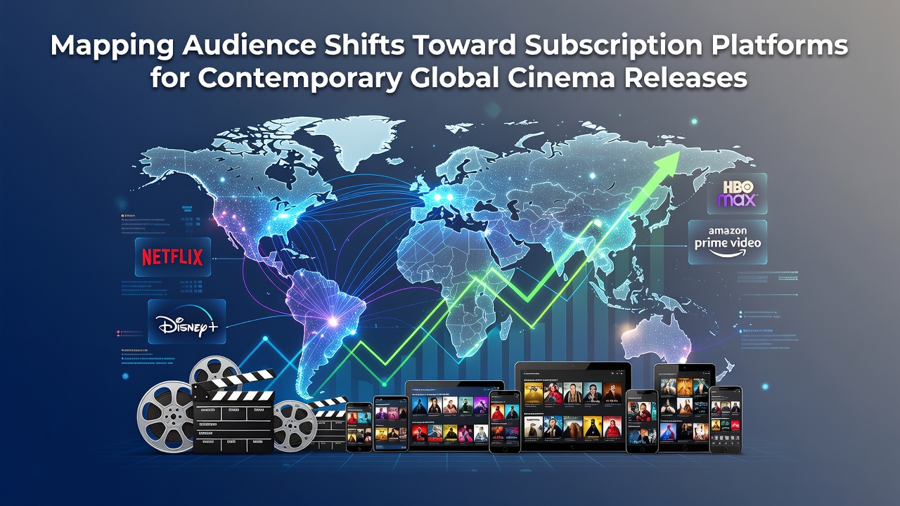 Subscription platform interface showing global cinema catalog with regional release highlights and viewer analytics