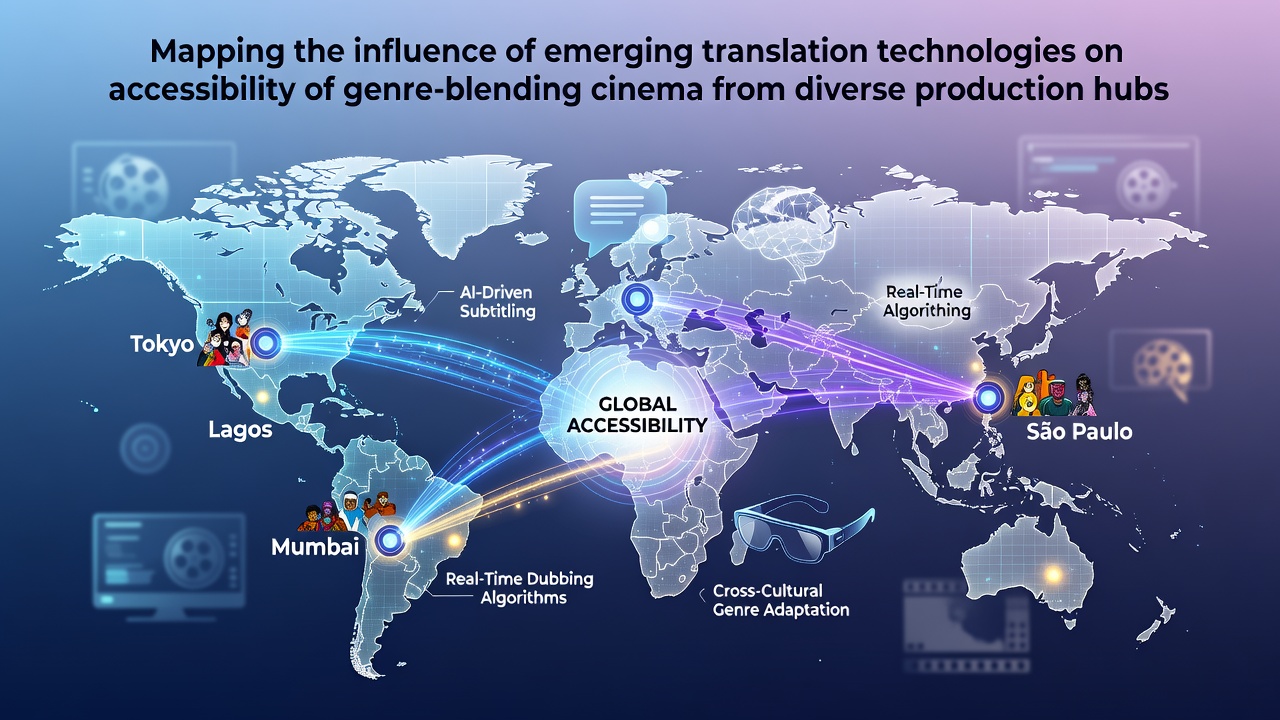 Global film production hubs collaborating on genre-blending cinema projects with translation technology overlays