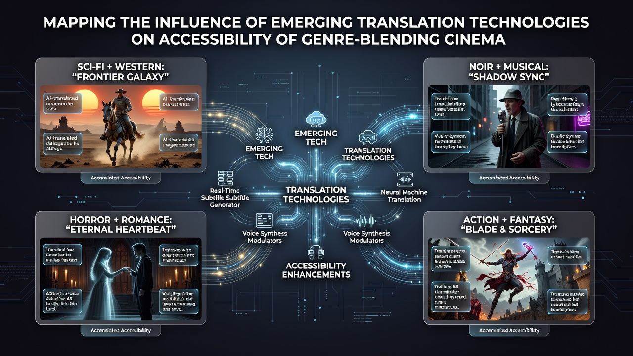 Diverse cinema audiences engaging with translated genre-blending films on various devices worldwide