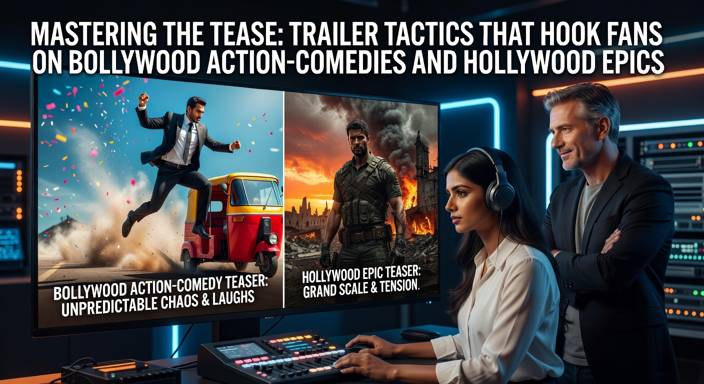 Dynamic split-screen of a Bollywood action-comedy chase scene juxtaposed with a Hollywood epic battle, highlighting teaser trailer energy