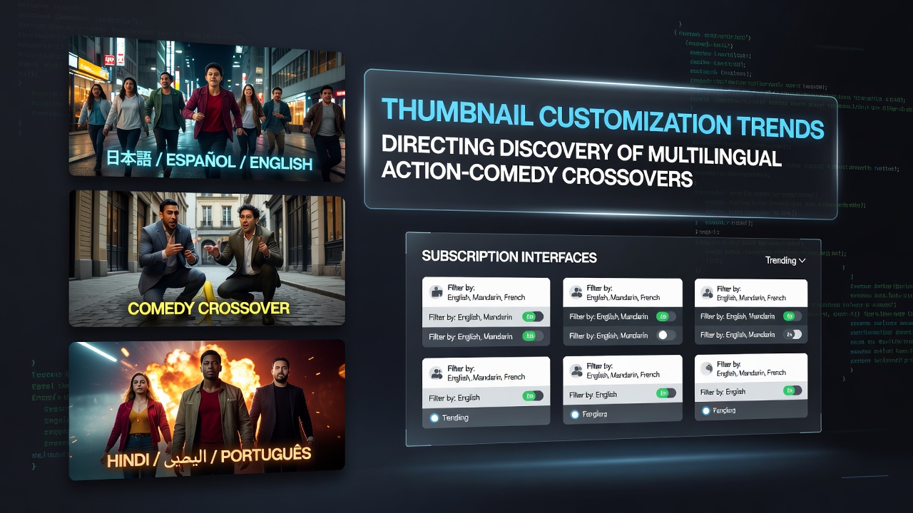 Streaming platform interface showing customized thumbnails for multilingual action-comedy films