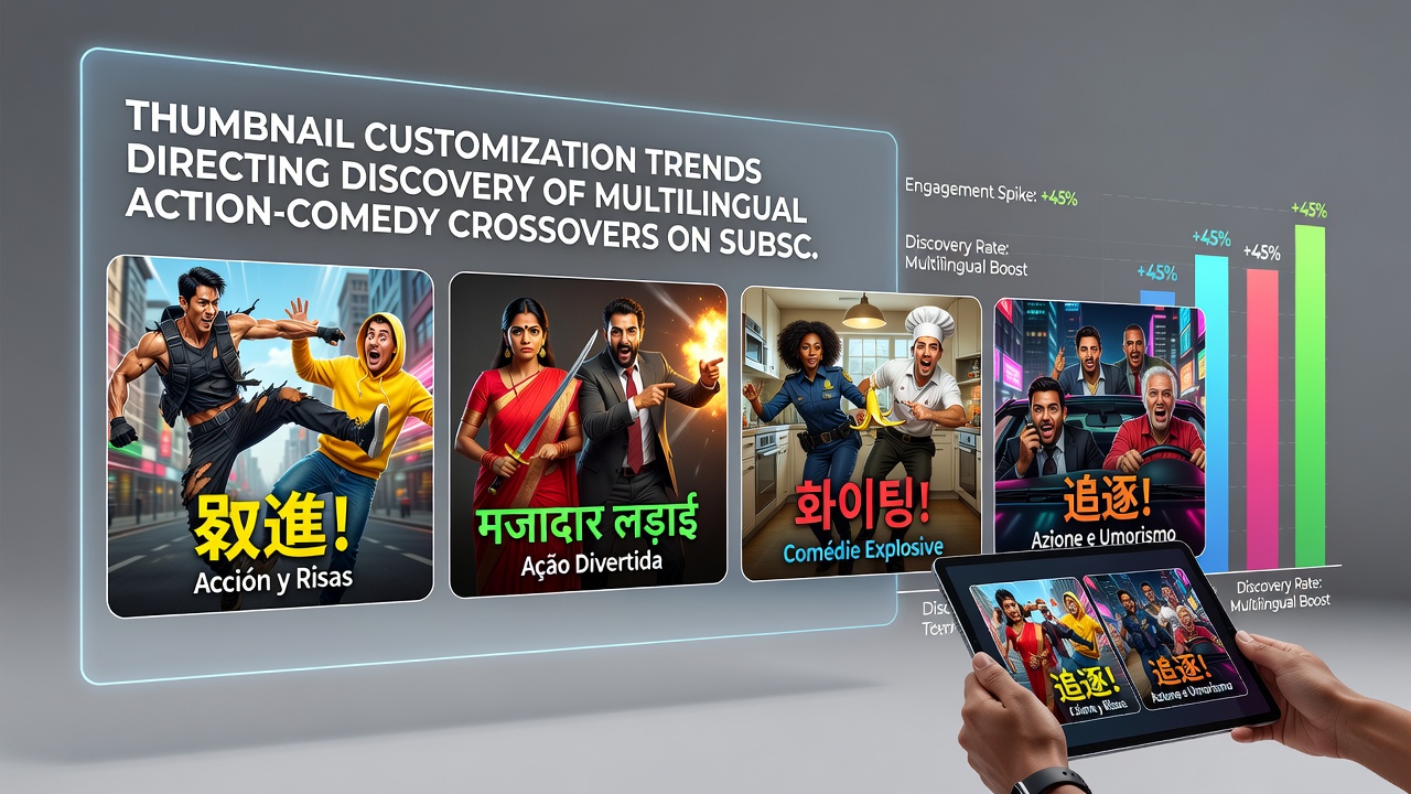 Close-up view of thumbnail variations for action-comedy crossovers across different language interfaces
