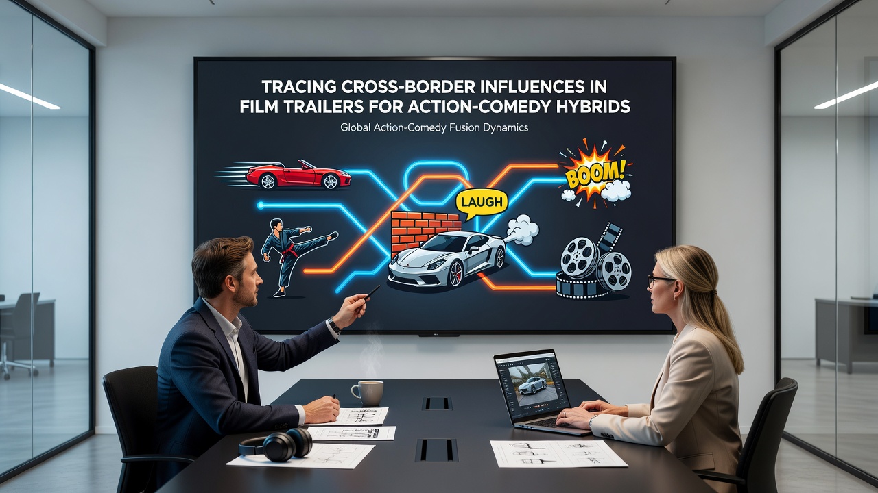 Global film marketing team reviewing trailer analytics for cross-cultural action-comedy campaigns