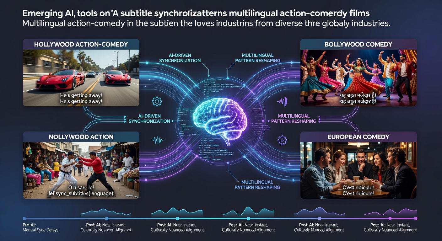 AI-driven subtitle synchronization interface displaying timing adjustments for action-comedy scenes in multiple languages