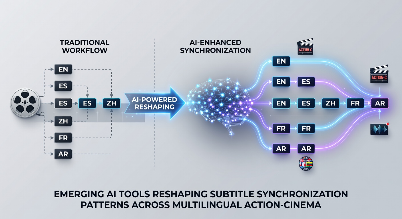 Multilingual subtitle timeline view showing AI adjustments for comedy timing in action sequences from international film releases