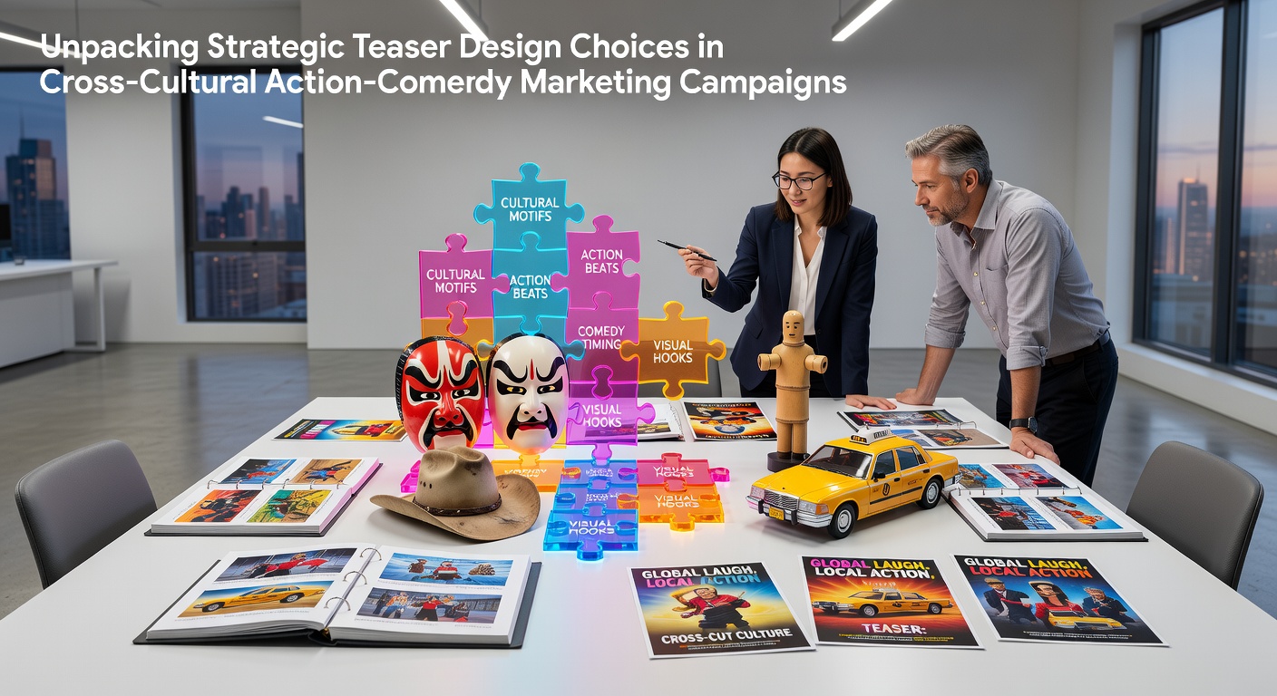 Strategic teaser design elements in cross-cultural action-comedy marketing campaigns showing blended visual motifs from multiple regions